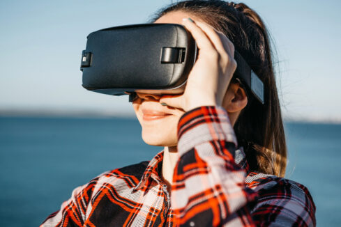 Girl wearing a virtual reality headset