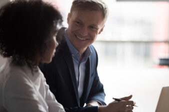 man and woman talking