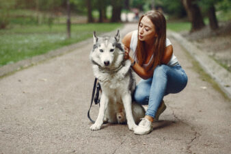 Girl playing with a dog on the sidewalk