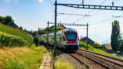 Running train in Vineyard Terrace of Lavaux Switzerland