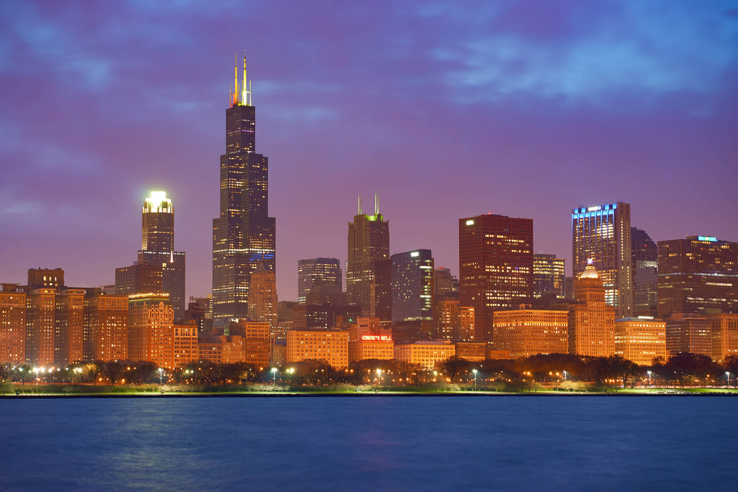 Chicago skyline at sunset