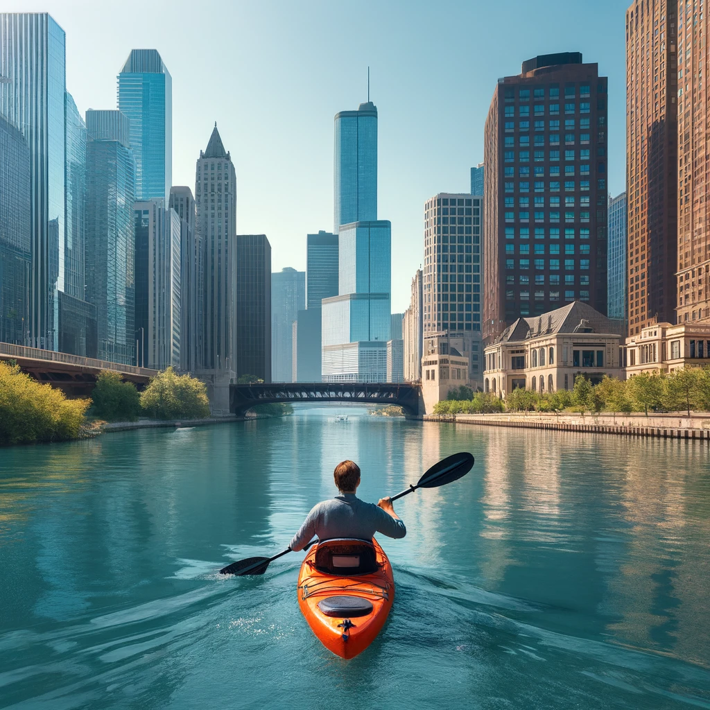 illustration of man kayaking on Chicago River