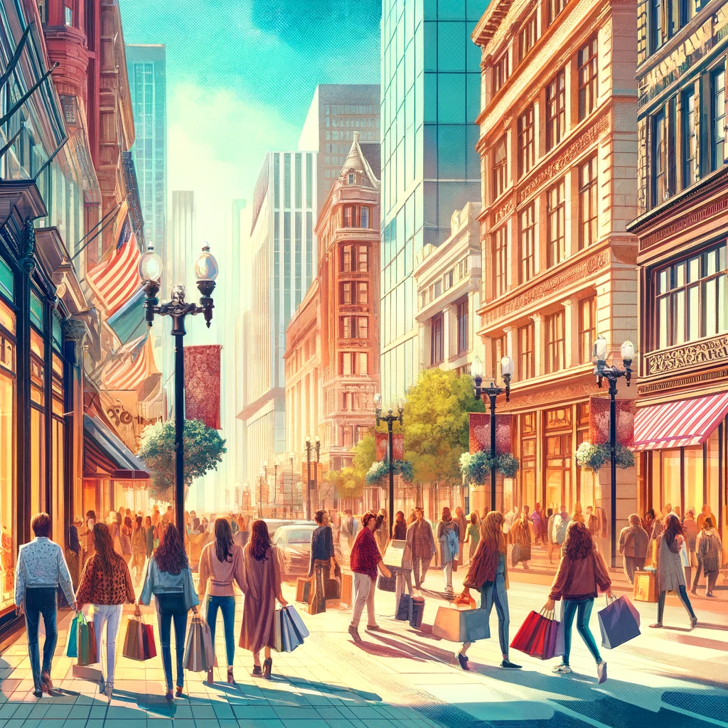illustration of people shopping in city