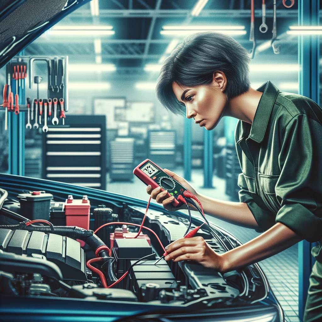 illustration of mechanic doing battery check in car