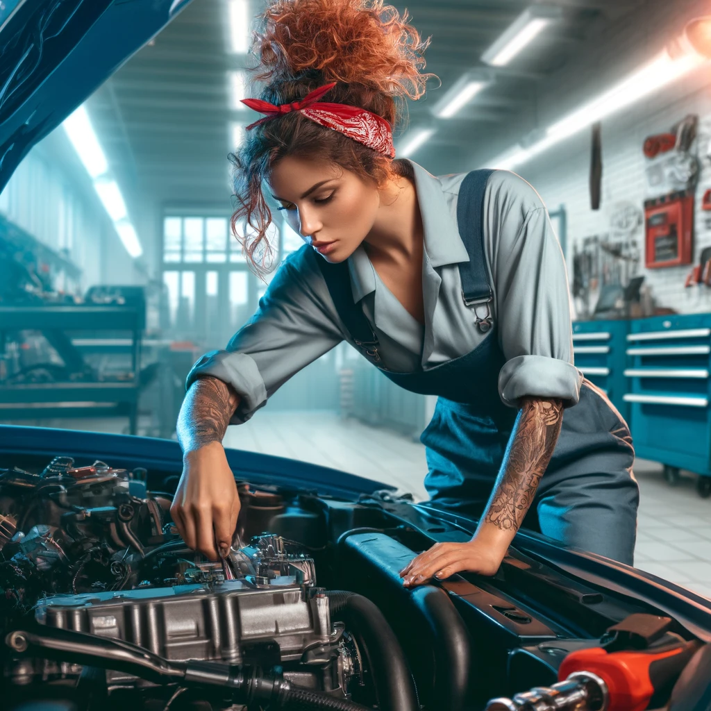 illustration of female mechanic fixing car engine