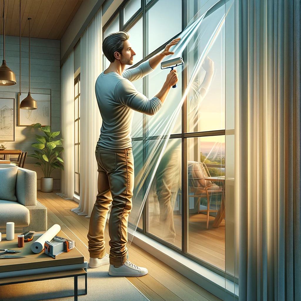 illustration of man putting insulating film on windows