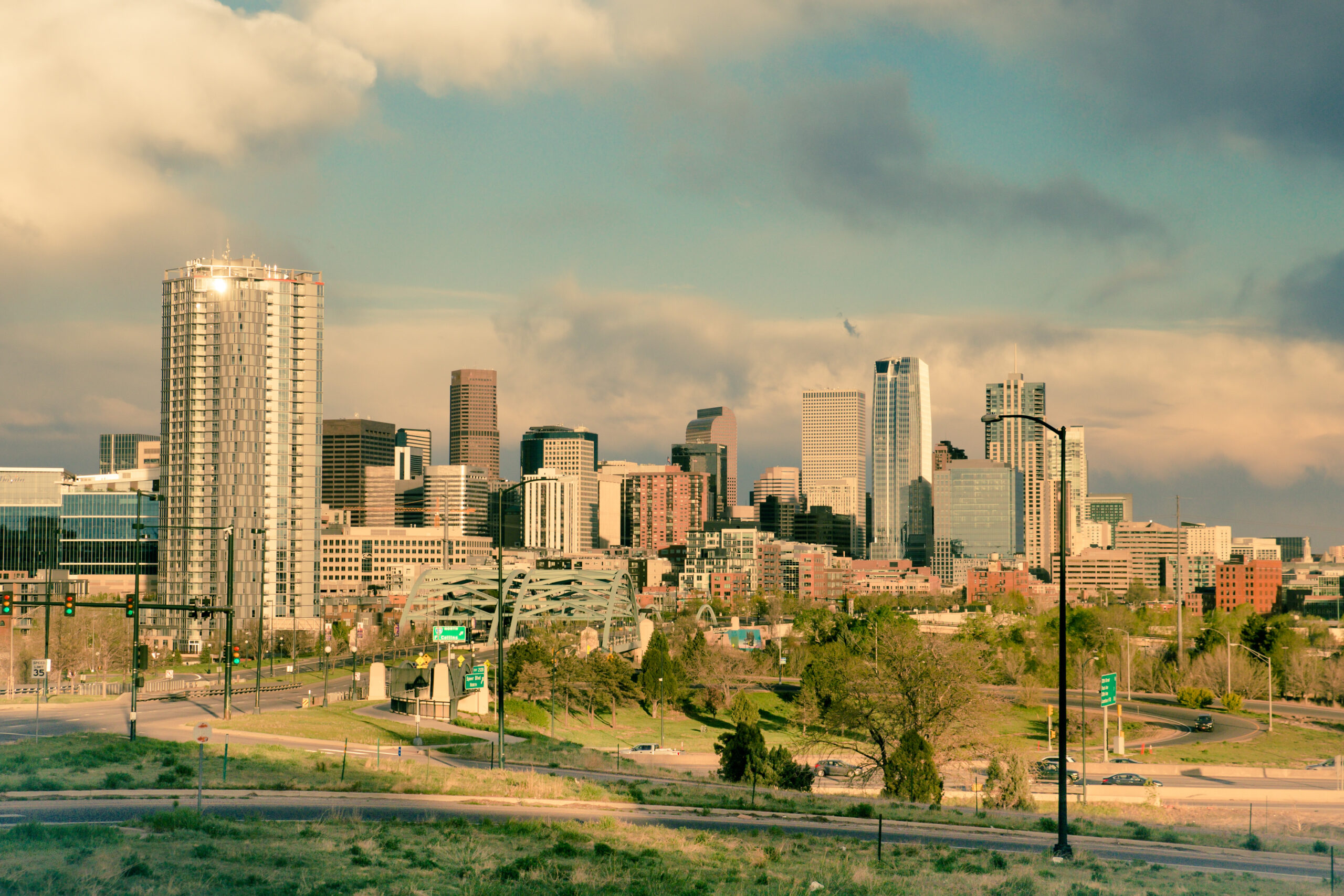 Denver Colorado skyline at sunset