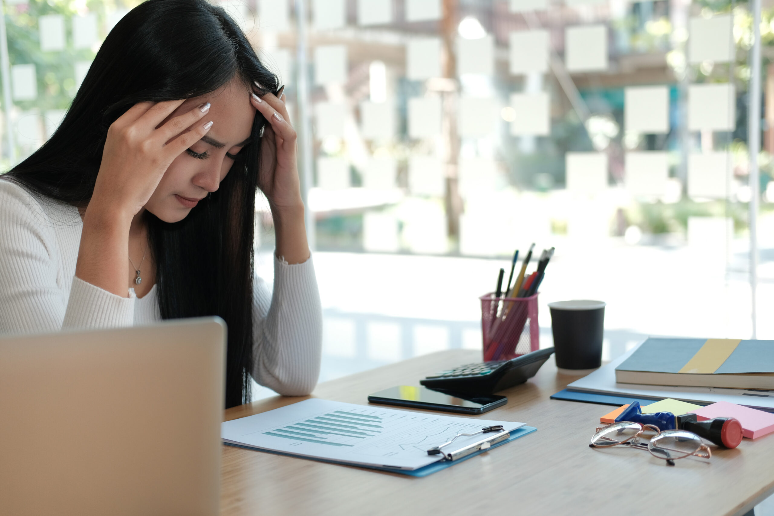 businesswoman feeling tired, frustrated stressed from hard work