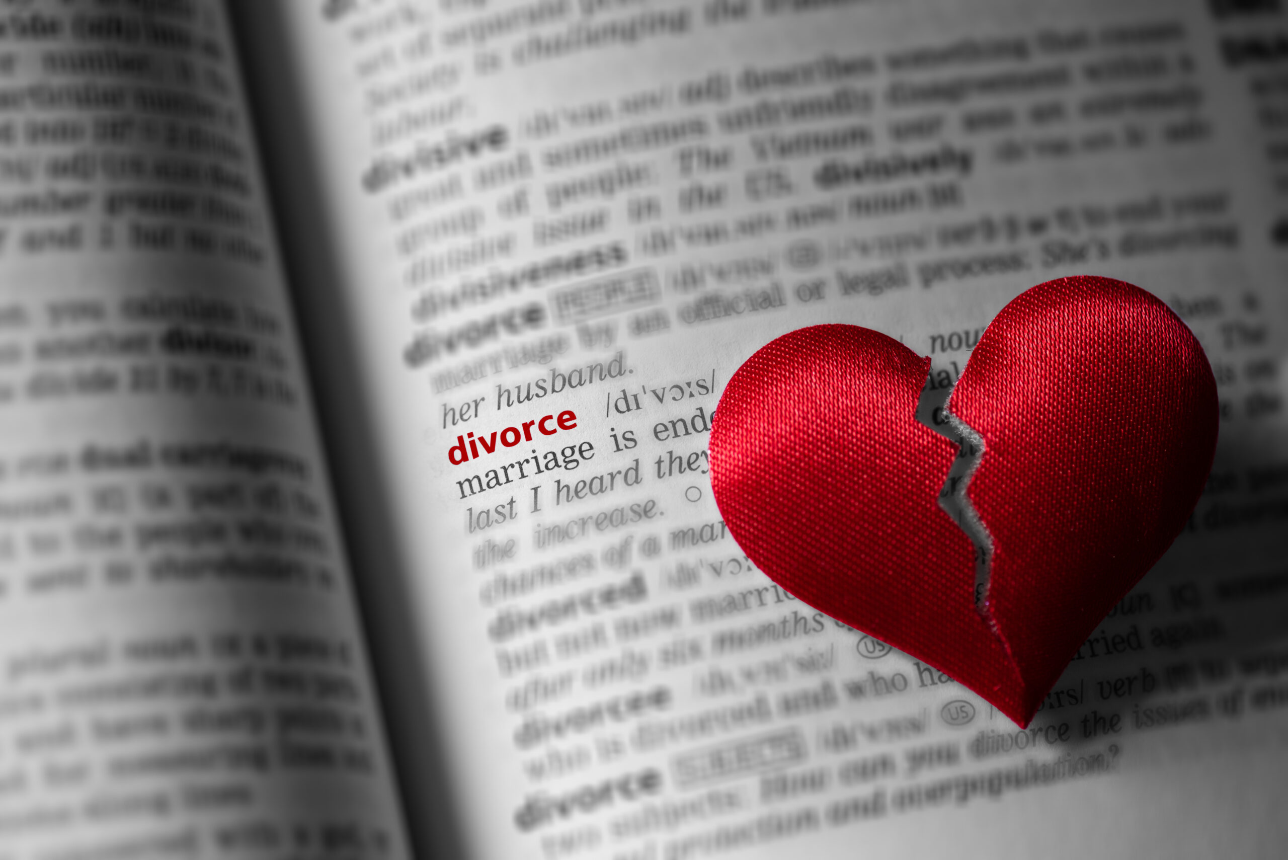 Red broken heart on dictionary divorce definition