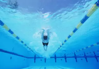 person swimming underwater in a lap pool