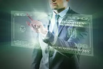 Businessman touching a virtual 100 dollar bill