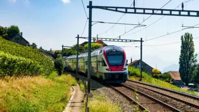 Running train in Vineyard Terrace of Lavaux Switzerland