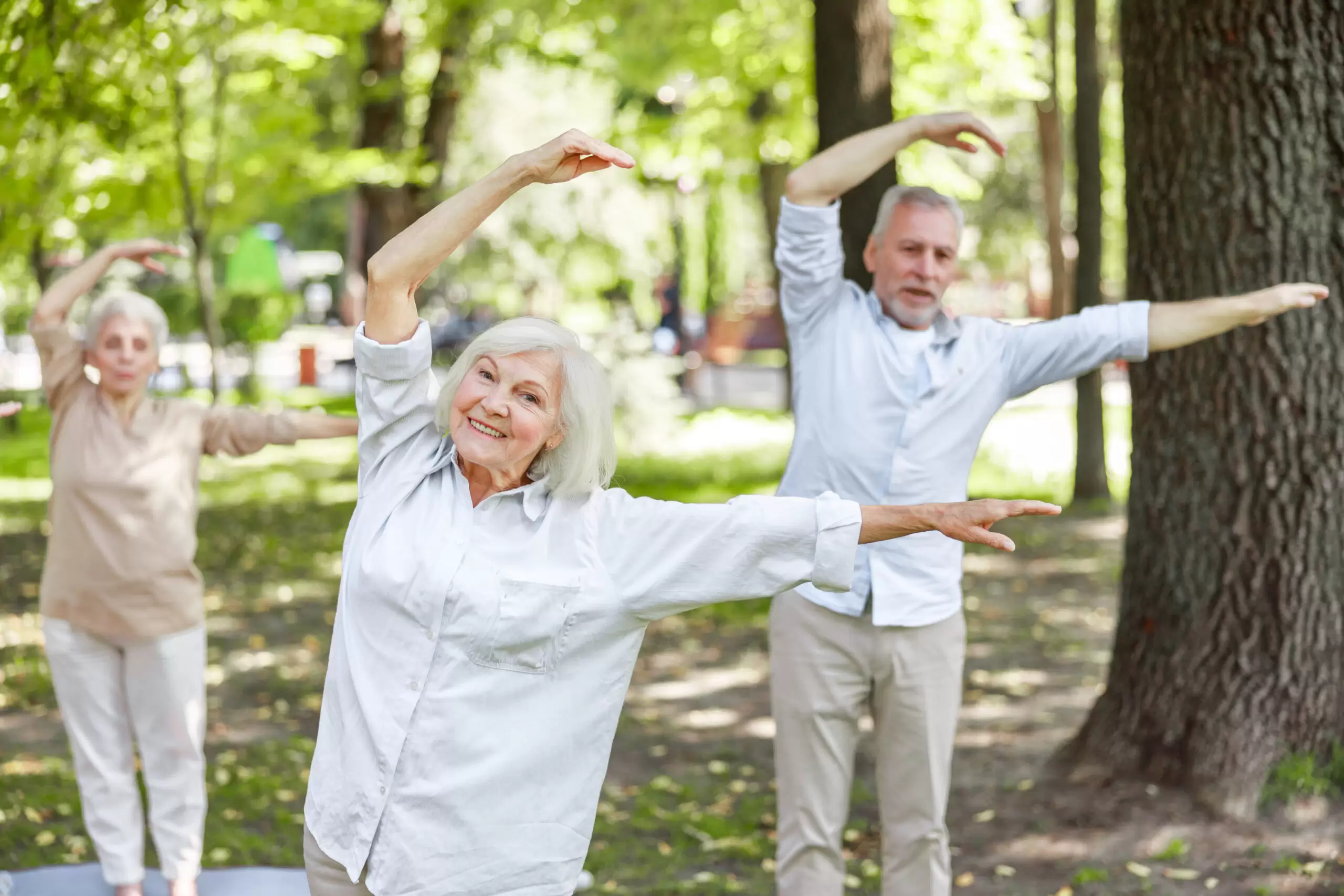 Joyful senior people practicing chi kung in the park