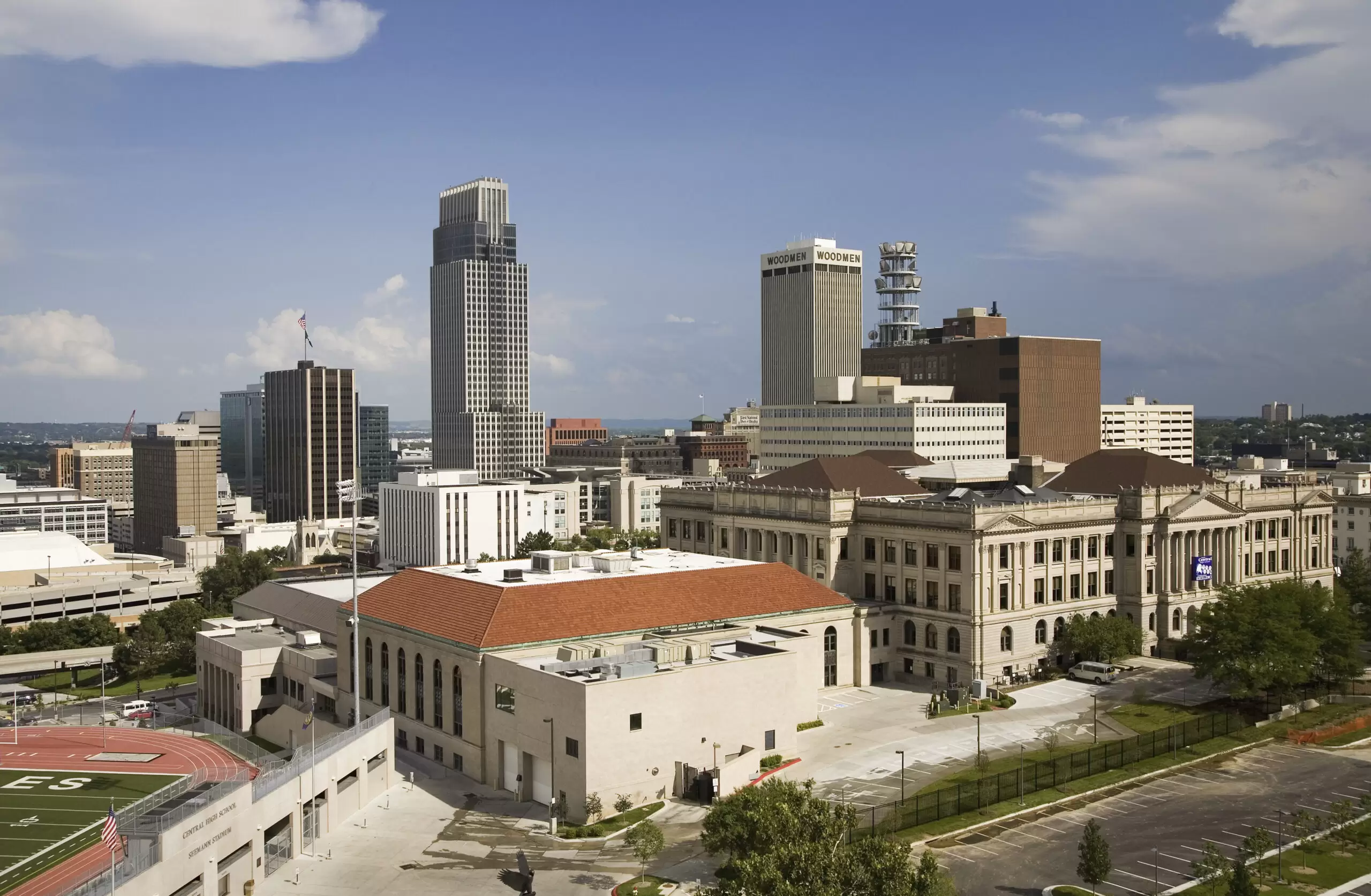 Aerial view of Omaha Nebraska skyline on summer day