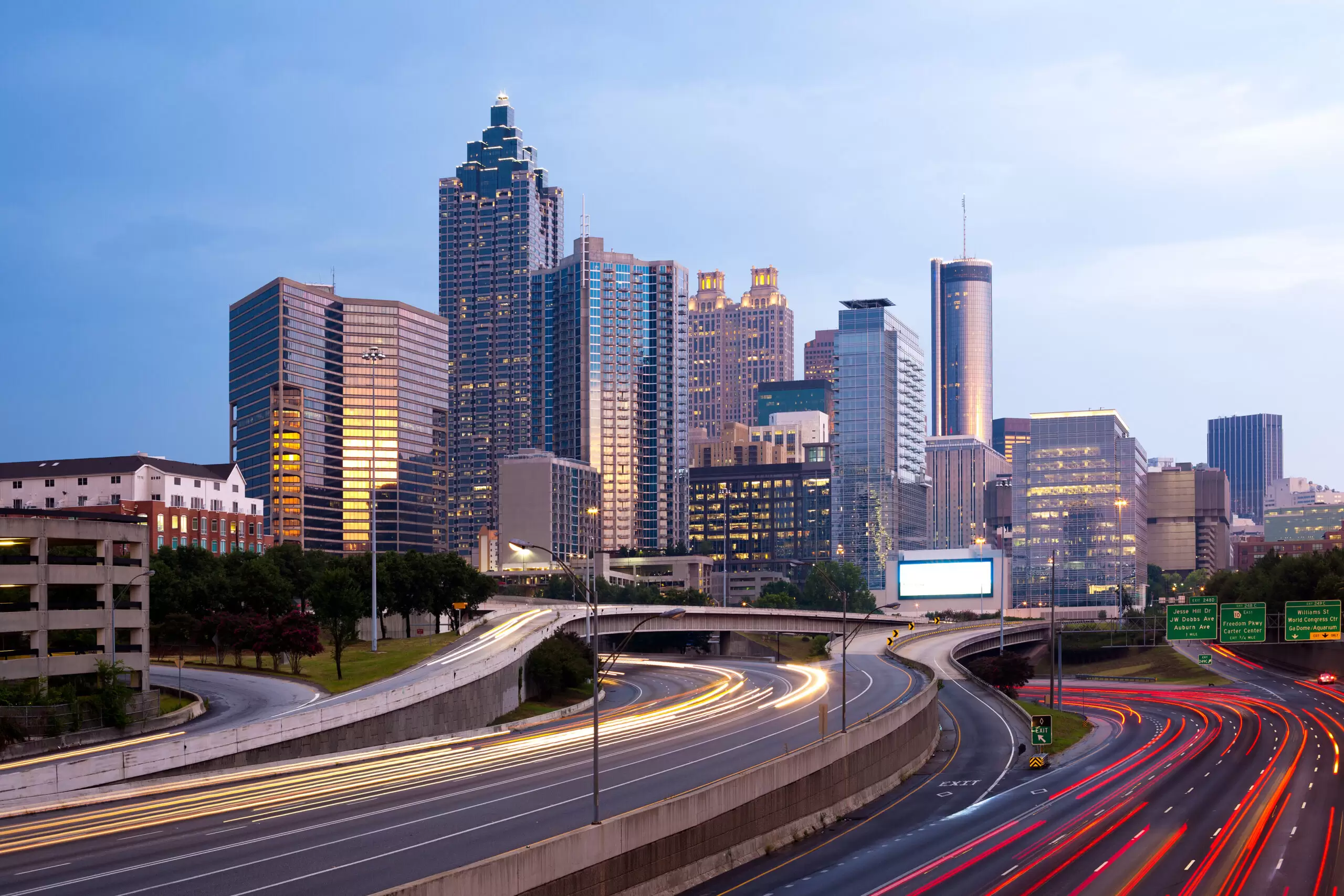 Blurred car lights on the freeway at downtown Atlanta; Georgia; USA